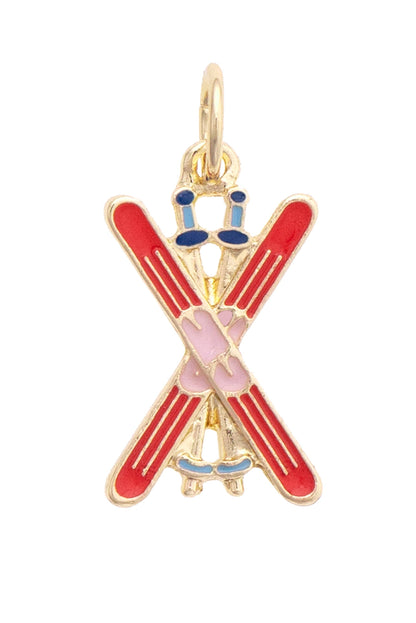 Snow Skis Enamel Charm in Red