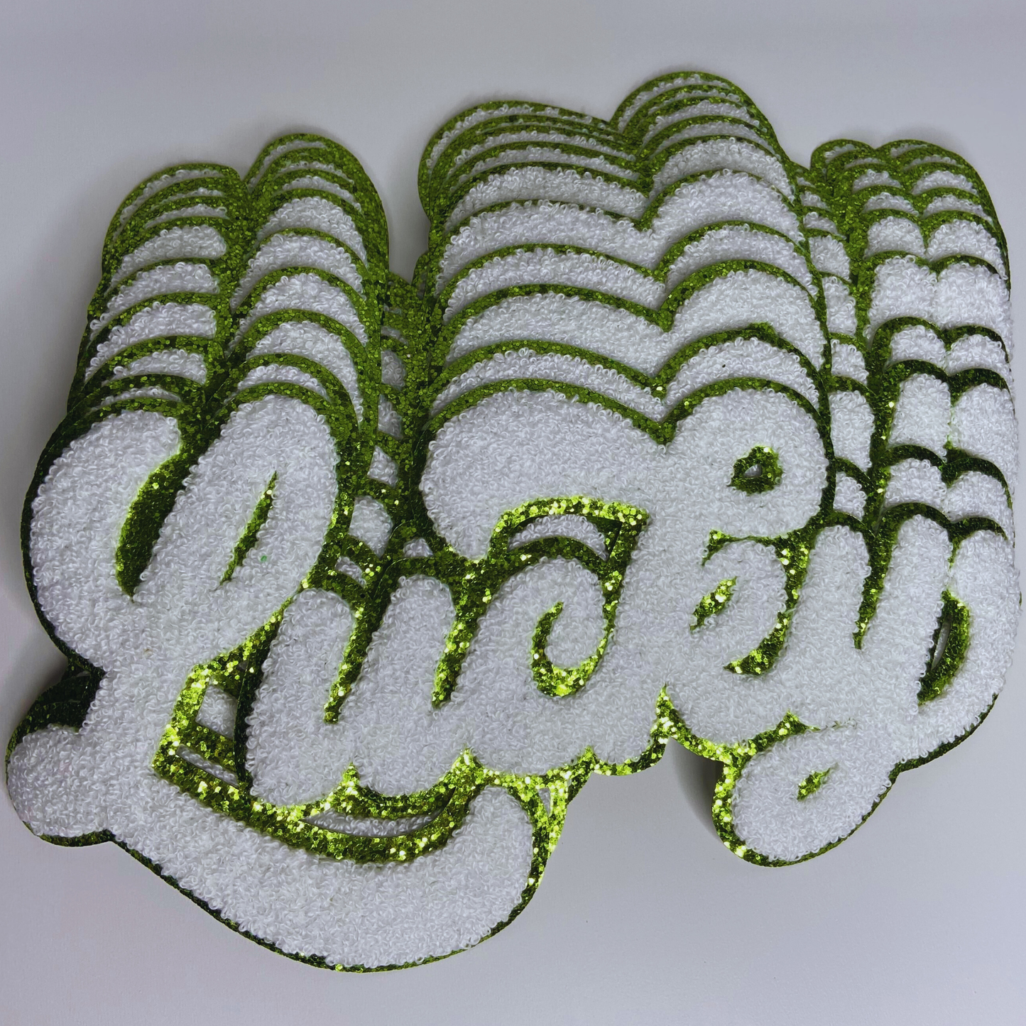 11” LUCKY script in White w Green - Chenille Patch